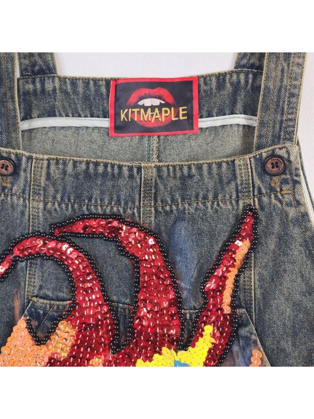 Kitmaple Denim Bib Overalls With Colorful Sequin Dragon Embroidery S-M - Picture 2 of 12